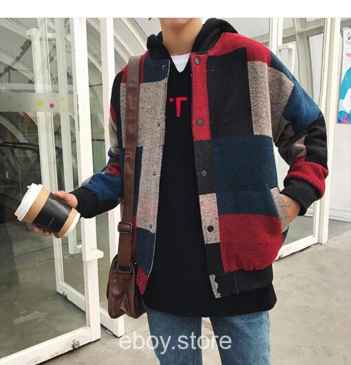E-boy Autumn Men Japan Style Plaid Bomber Jacket