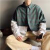 E-boy Men Plaid Patchwork Long Sleeve Shirt