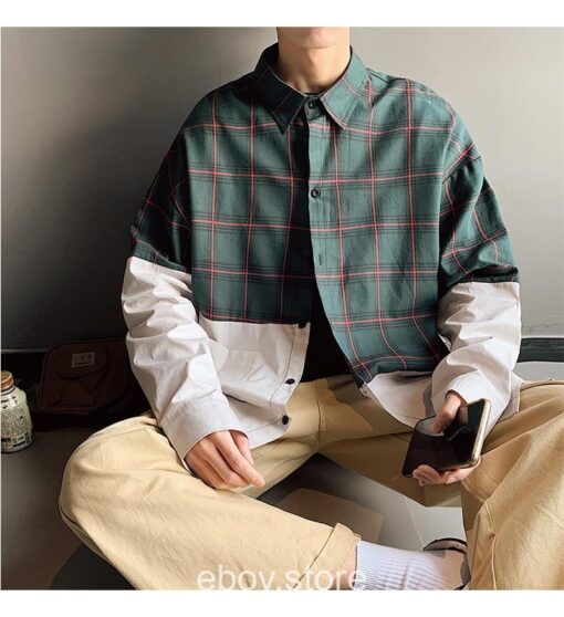 E-boy Men Plaid Patchwork Long Sleeve Shirt