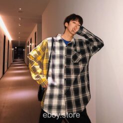 E-boy Patchwork Japan Style Oversized Cotton Plaid Shirt