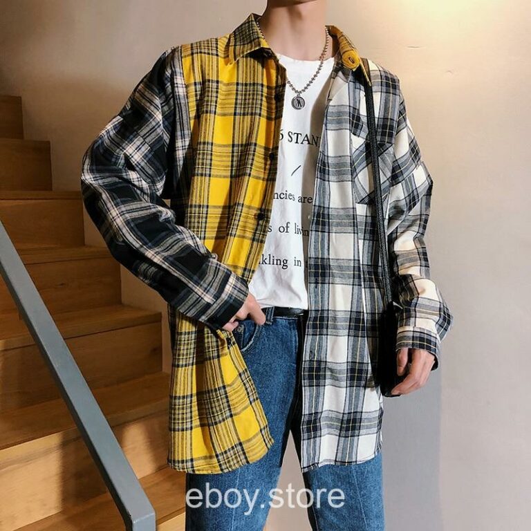 E-boy Patchwork Japan Style Oversized Cotton Plaid Shirt