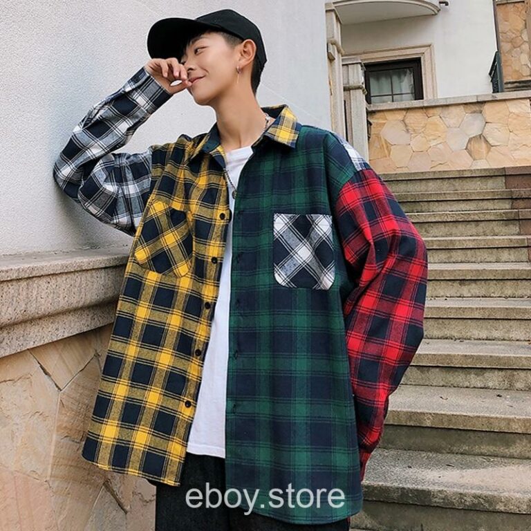 E-boy Patchwork Japan Style Oversized Cotton Plaid Shirt