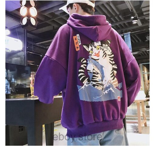 E-boy Streetwear Japan Cat Hooded Hoodie