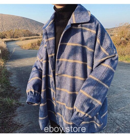 E-boy Style Plaid Wool Overcoat